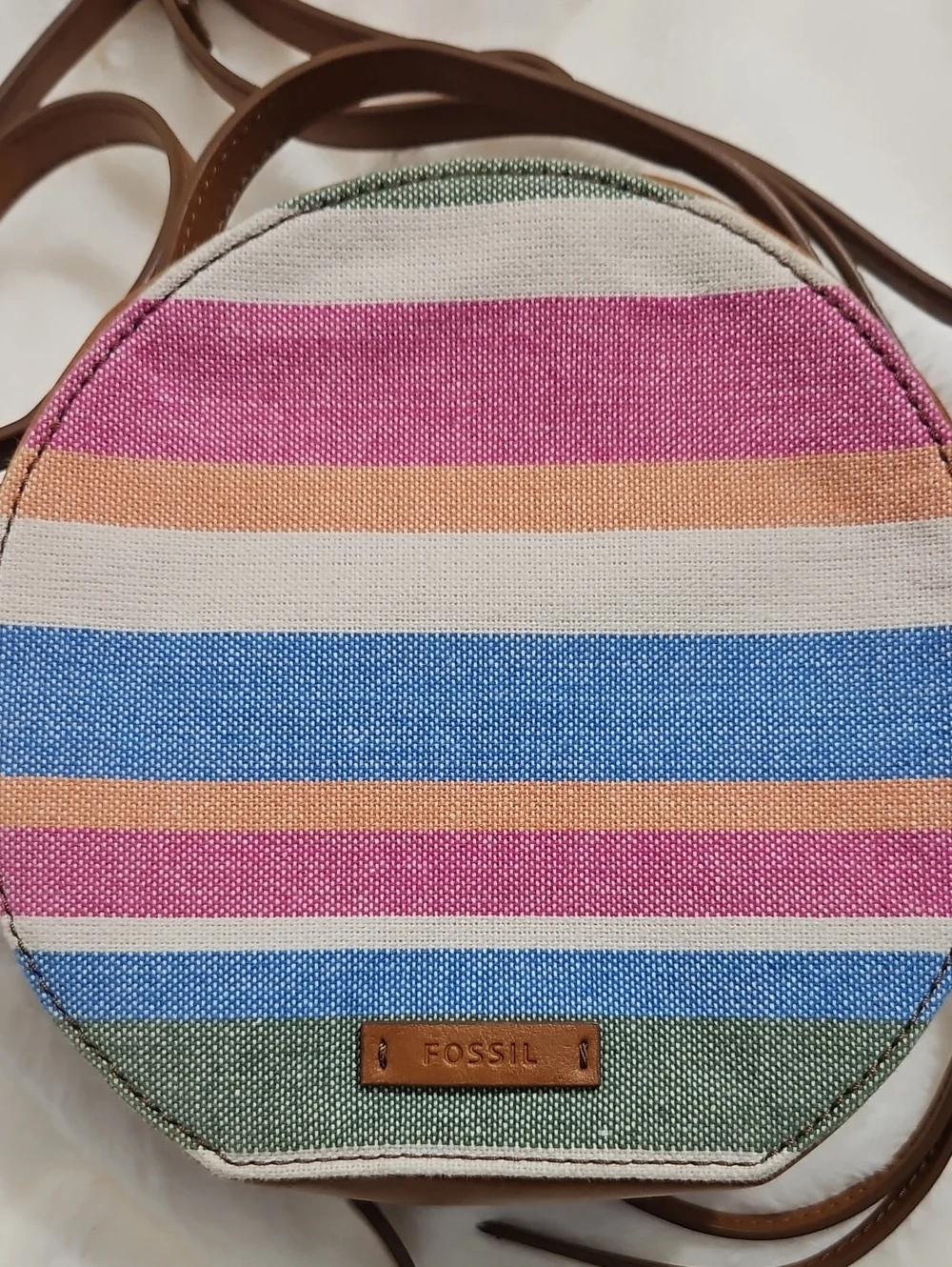 Fossil Round Stripe Crossbody Bag | Colorful Canvas & Faux Leather | Adjustable
